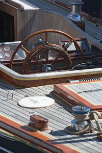 Close-up of helm on ship during summer