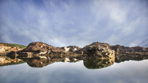 Reflection of rocks in lake against sky