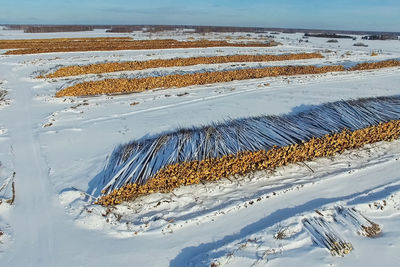 Aerial view of snow covered land