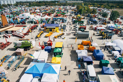 High angle view of people on street in city