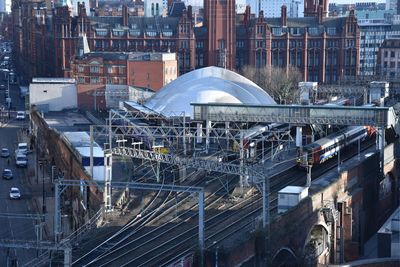 High angle view of train in city