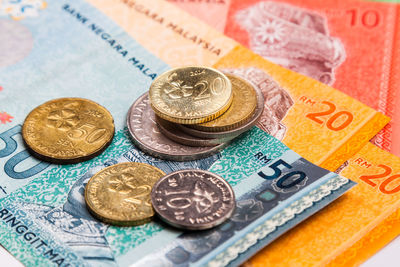 Close-up of coins on paper