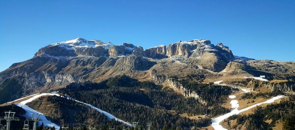 Scenic view of mountains against clear blue sky