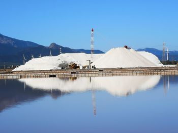 Scenic view of lake by mountains against clear blue sky saline di cagliari 