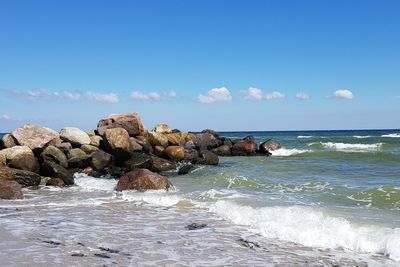 Scenic view of sea against blue sky