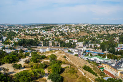 High angle view of townscape against sky