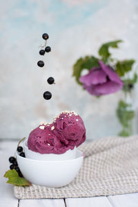 Close-up of ice cream in bowl on table