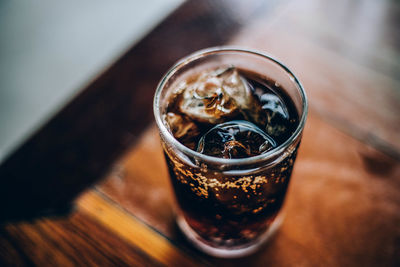 High angle view of beer in glass on table