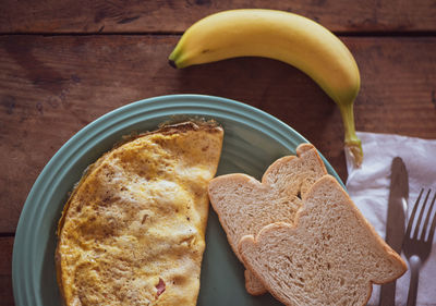 High angle view of breakfast served on table