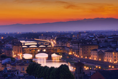 High angle view of illuminated buildings against sky at sunset