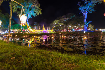 Illuminated buildings by trees at night