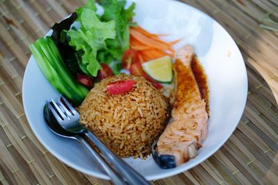High angle view of breakfast on table