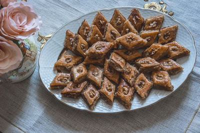 High angle view of dessert in plate on table