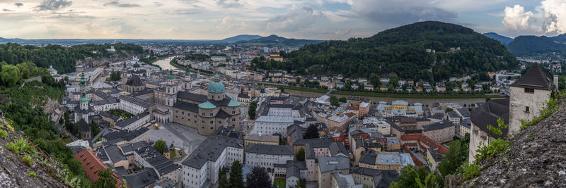 High angle shot of townscape against sky