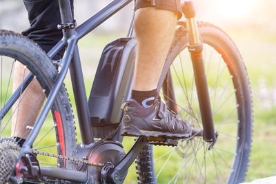 Low section of person with bicycle on grass