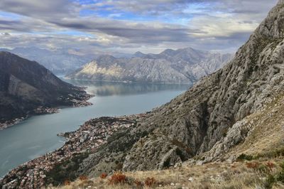 Scenic view of lake and mountains against sky