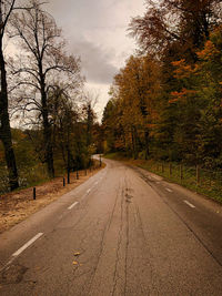 Road amidst trees against sky during autumn