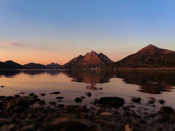 Scenic view of lake against sky during sunset