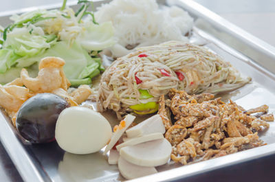 High angle view of food served in plate