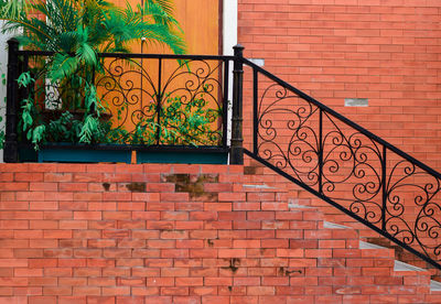 Old architecture staircase and tree the brick wall is brown.