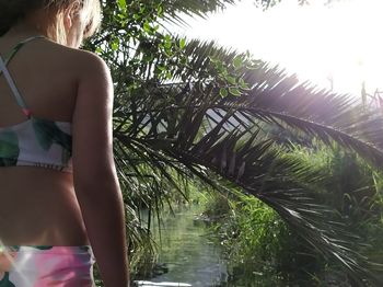 Rear view of woman in swimming pool against trees