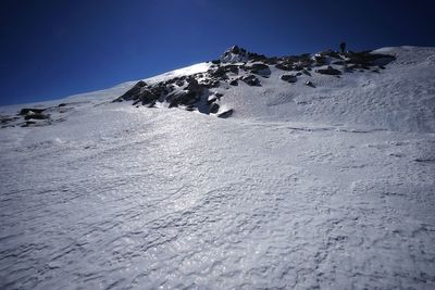 Snowcapped mountains against clear blue sky