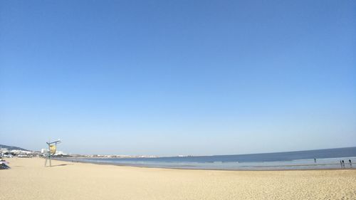 Scenic view of beach against clear blue sky