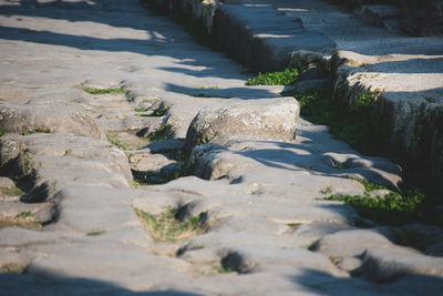 Surface level of stones on footpath