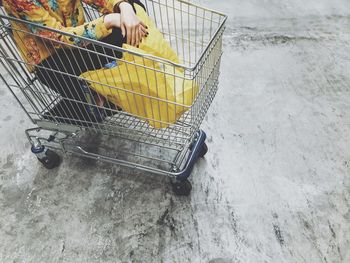 Cropped woman sitting in shopping trolley