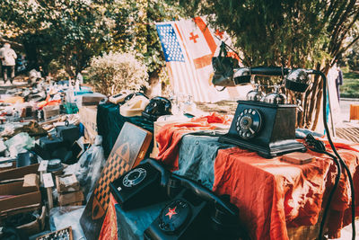 High angle view of chairs in market