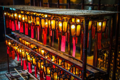 Illuminated lanterns with paper at temple