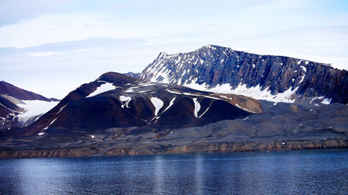 Scenic view of sea and snowcapped mountain against sky