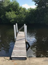 Wooden railing by lake against trees