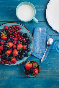 High angle view of fruits in bowl on table