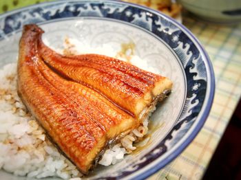 High angle view of fish served on table