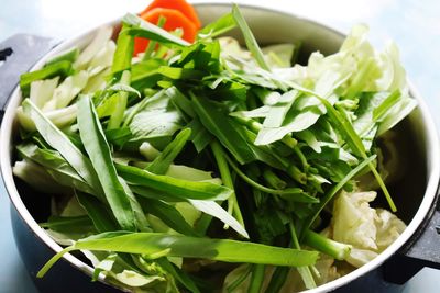 High angle view of chopped vegetables in bowl