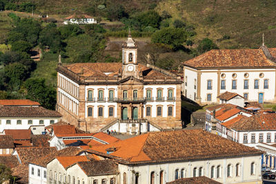 High angle view of buildings in town