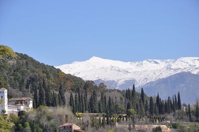 Panoramic shot of snowcapped mountains against clear blue sky