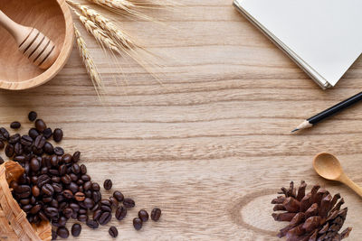 High angle view of coffee beans on table
