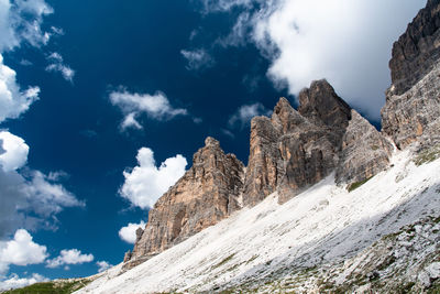 Low angle view of rocky mountains against sky