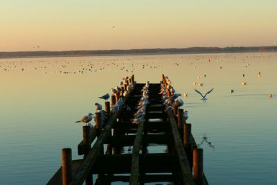 Jetty on lake against clear sky during sunset