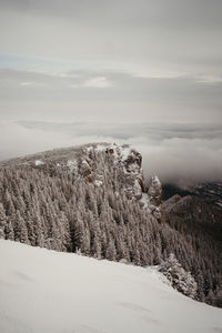 Scenic view of snow covered land against sky