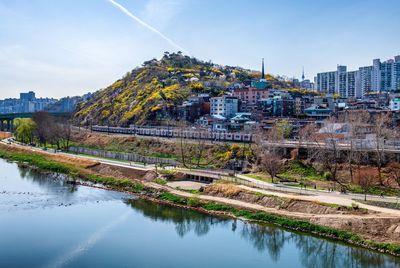 Scenic view of river by city buildings against sky