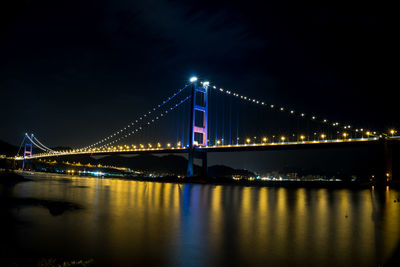 Illuminated bridge over river at night