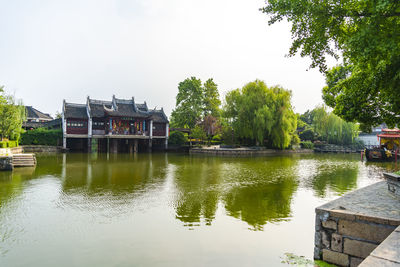 Scenic view of lake by building against sky