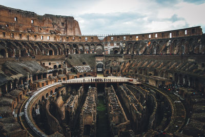 High angle view of old ruins against sky. coliseum. 