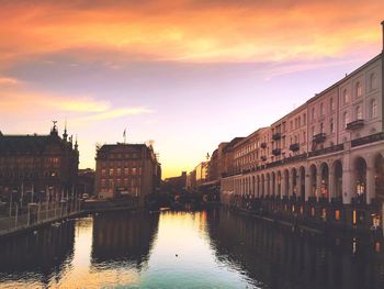 Reflection of buildings in river during sunset