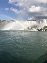View of rainbow over sea against cloudy sky