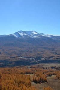 Scenic view of mountains against clear blue sky