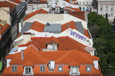 High angle view of residential buildings in city